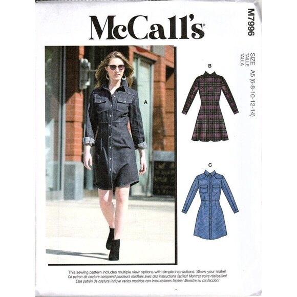 McCalls M7996 Misses 6 to 14 Button Front Shirt Dress Uncut Sewing Pattern - Picture 1 of 2